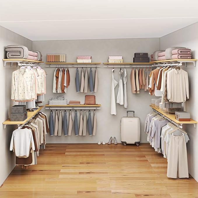 Wall Mounted Clothes Rack - Solid Wood Closet Storage System with Removable Shelves & Hanging Rods, 47.2in Space Saving Organizer for Bedroom, Walk-in Closet (1 Pack)