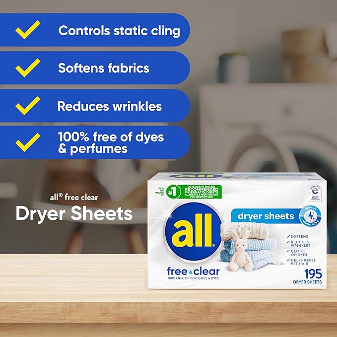 all Fabric Softener Dryer Sheets for Sensitive Skin, Free Clear, 195 Count