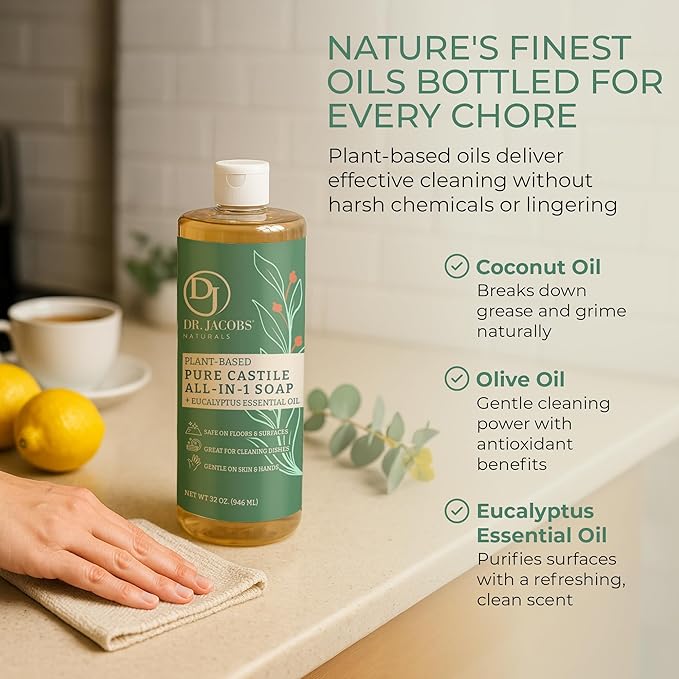 Dr. Jacobs Naturals Eucalyptus Castile All-in-One Cleaner and Soap - Plant-Based Formula for House Cleaning Floors and Appliances - Gentle on Skin and the Planet - 32 oz, 1 Pack