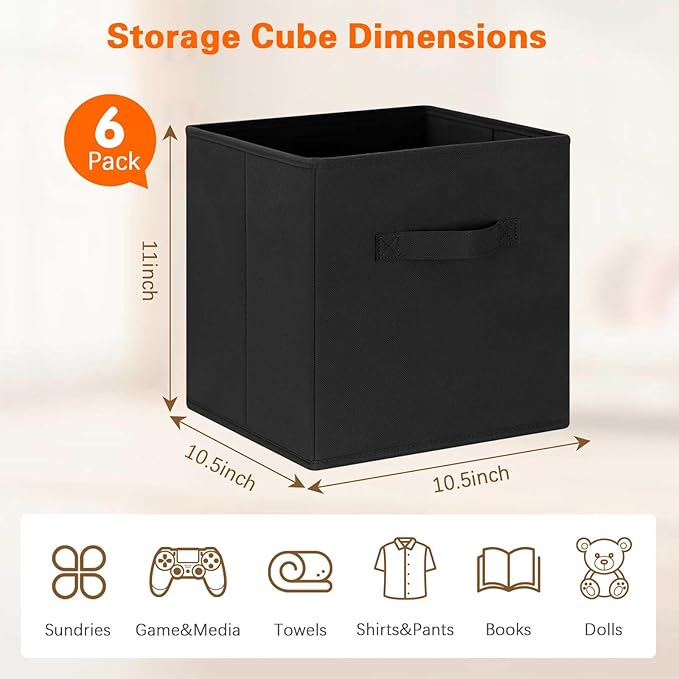 GhvyenntteS Storage Cubes, 11 Inch Cube Storage Bins with Dual Handles, Collapsible Fabric Storage Bins for Shelves, Storage Baskets for Organizing Clothes, Bedding, Toys, Books (6 Pack, Black)