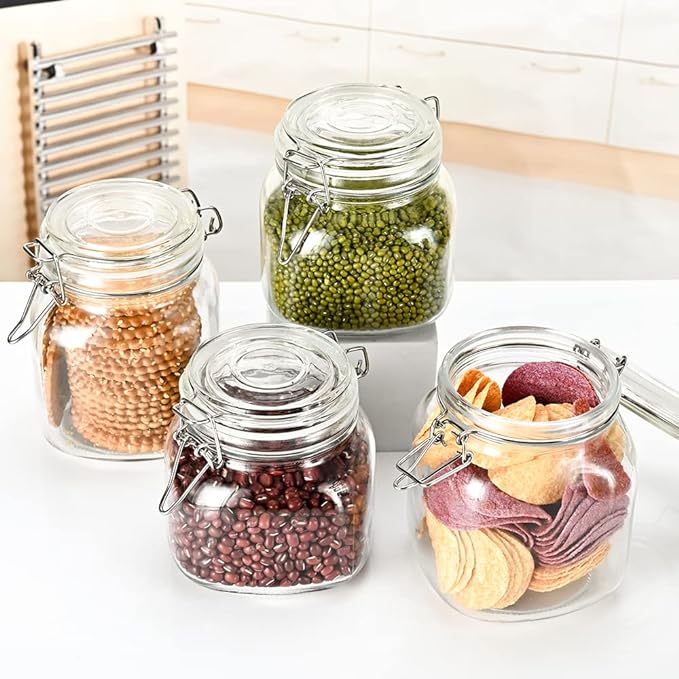 32oz Glass Food Storage Jars with Airtight Clamp Lids,Set of 4 Airtight Glass Canister Square- Clear Storage Container for Kitchen Container Storing Sugar, Flour, Cereal,Coffee,Spice…
