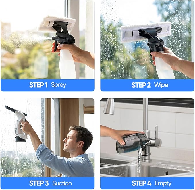 Cordless Window Vacuum Squeegee with Extension Pole Electric Window Cleaner Tool 11 inchs Electric Window Vacuum Shower Squeegee for Shower Door, High Window, Tile and Car Windshield