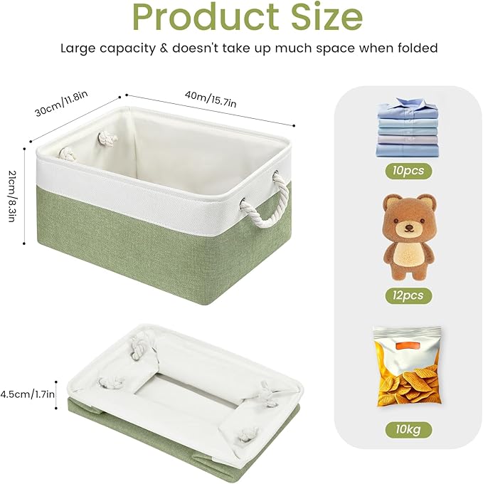 Large Storage Baskets- 15.7x11.8x8.26 inch Storage Bins for Shelves and Closet Organizing, Foldable Fabric Bin for Home Organization Clothes and Laundry (1-Pack, White&Green)