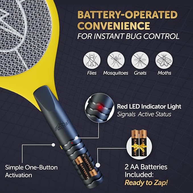 Bug Zapper 18" Electric Fly & Mosquito Swatter Racket - Outdoor/Indoor Killer for Flies, Battery-Operated Tennis Killing Zap, 3000 Volts Electronic Catcher, 2 AA Batteries Included - Yellow