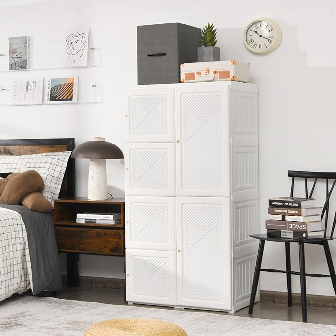Tangkula Portable Closet Wardrobe, Foldable Clothes Organizer with Cubby Storage, Hanging Rods, Easy Assemble Clothing Storage with Magnet Doors, Folding Bedroom Armoire (8 Cubbies)