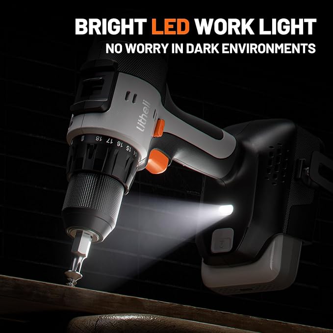 Litheli 20V Cordless Drill Set, 1/2-Inch Keyless Chuck, 443 In-lbs Torque, 2.0Ah Battery with Power Bank Function & Type-C Charging, 64-Piece Home Tool Kit with Bag for DIY & Home Repairs