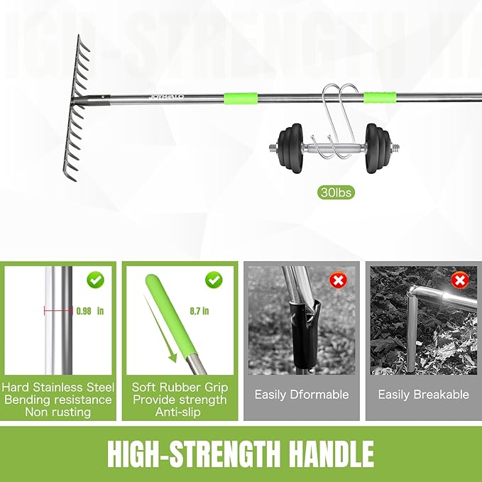Joyhalo Rake for Leaves, 14 Tines Rakes for Gardening, Adjustable Length from 30.5 to 57 Inch Bow Rake, Metal Rakes for Gardening, Leveling, Loosening Soil
