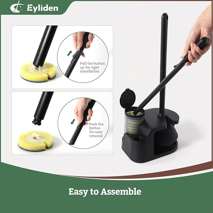 Eyliden Disposable Toilet Brush and Plunger Combo | 2-in-1 Toilet Bowl Wand Kit - 10 Count Pre-Soaked Refill Heads, 3-Step Plunger, Storage Holder - Compact Toilet Cleaning System, Black