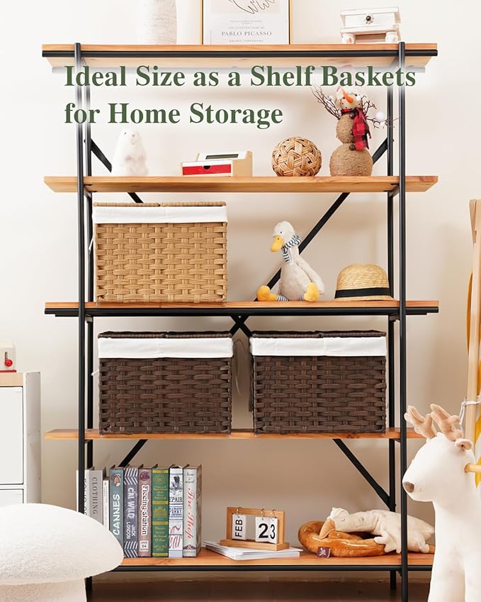 Storage Basket with Lid Woven Wicker Baskets with 2 Separate Lid, 9.2 Gallon (35 L) Wicker Storage Bins with Handles, Foldable and 2 Removable Liner Bags for Bedroom, Laundry Room Brown