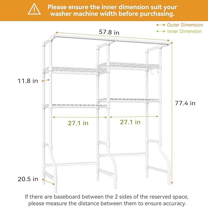 ULIFHOME U14 Medium Over the Washer and Dryer Shelves, 4 Tiers Laundry Room Storage and Organizer System, Space Saving Clothes Drying Rack with 2 Clothes Hanger Rods, 57.8"W x 20.5"D x 77.4"H, White
