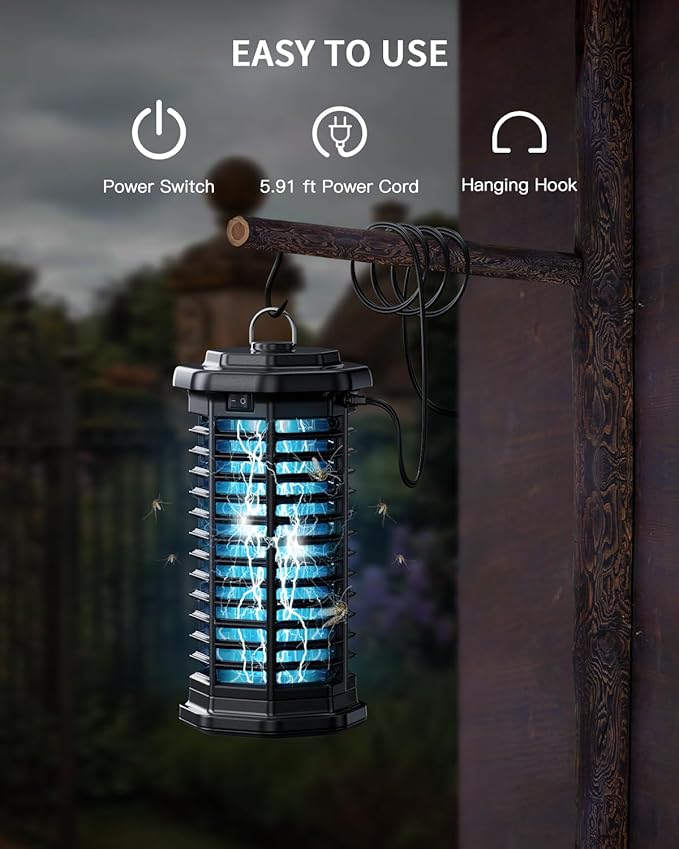 Minimoon Bug Zapper Outdoor 4000V Powerful Electric Mosquito Zapper, 15w Fly Trap Outdoor, IPX4, Corded Fly Zapper for Indoor, Yard, Backyard, Patio, Camping (Black)