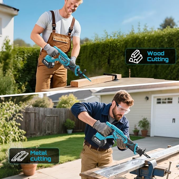SEESII Reciprocating Saw Cordless, Variable Speed 3500 RPM Brushless Motor with 8 Saw Blades, 2 x 4.0Ah Batteries, LED Light, Tool‑Free Blade Change, Portable for Wood PVC Cutting (Dark Blue)