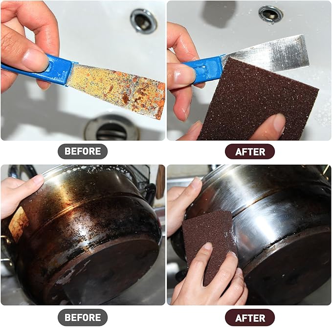 Magic Carborundum Sponge, 12pcs with 2 Handles Rust Foam Cleaning Eraser for Pots, Pans, Sink, Grill, Household Cleaning Emery Sponges for Kitchen, Bathroom
