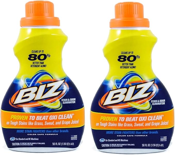 Biz Laundry Detergent Liquid Booster, Stain and Odor Eliminator for Tough Stains Like Sweat Grass and Food Grease, Best Stain Remover for Clothes, Color Safe, Bleach Free, 2 Pack, 100 fl oz Total