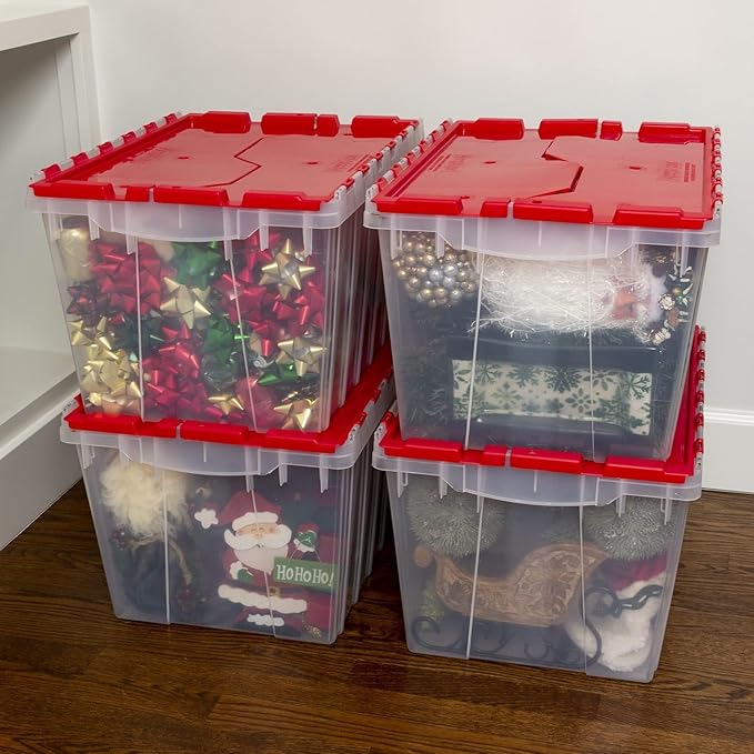 Akro-Mils KeepBox 12 Gallon Storage Container, Nesting and Stackable Plastic Storage Box with Lid Attached, Clear Tote for Garages, Closets, and Moving, 21-1/2" x 15" x 12-1/2", Clear/Red