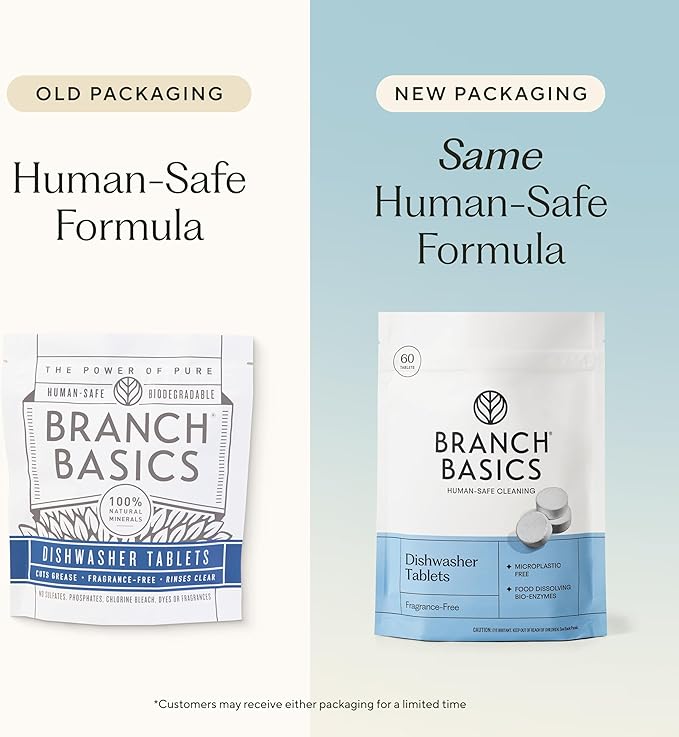 Branch Basics Dishwasher Tablets – 60 Ct | Plastic-Free, Fragrance-Free, Human-Safe | Delivers a Powerful Clean Without Harsh Chemicals