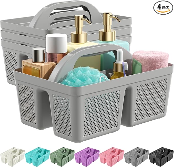 4 Pack Portable Shower Caddy, Integrated Handle, Reinforced Plastic, Organizer Storage Bathroom Supplies and Beauty Products, Cleaning Supplies, Shower Basket for Home, Dorm, Shelf and Cabinet