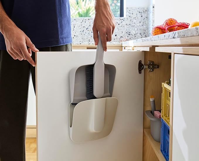 Joseph Joseph CleanTech Wall-Mounted Indoor Dustpan & Brush Set with Dust-Shield Compact, Clean Storage, Handheld Broom