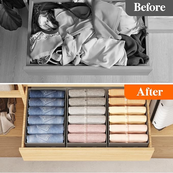 Lifewit 4 Pack Clothes Organizer, 6 Grids Closet Jean Storage Bins with Handles and Support Boards, Foldable Drawer Organizer for Sweater, Pants, T-shirt, Dress, Grey, 42 x 27 x 17 cm/16x10x7''