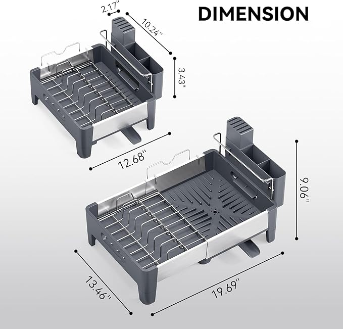 Urackify Expandable Dish Drying Rack, Stainless Steel Dish Rack with Aluminum Frame, Dish Drainer for Kitchen Counter, Space Saving Kitchen Drying Rack with Movable Utensil Holder, Gray