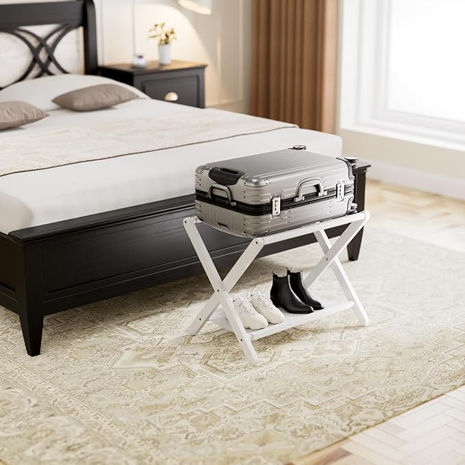 HITNET White Luggage Rack, Set of 2, Folding Suitcase Stand with Storage Shelf, Bamboo Luggage Holder with 5 Nylon Straps for Guest Room Bedroom Hotel