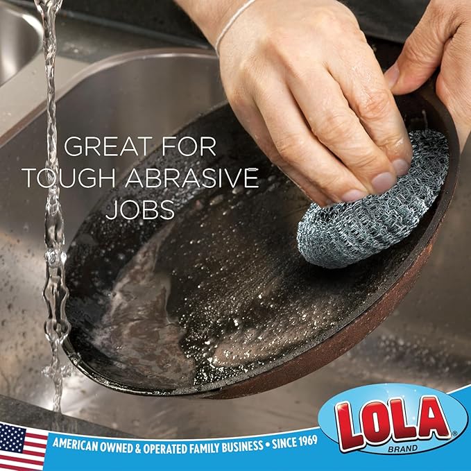 LOLA Steel Wool Wire Mesh Scouring Pad, 12 Pack, Galvanized Steel Knitted, Heavy Duty, Abrasive Scrubber, Powerful for Pots, Pans, Ovens, Grills
