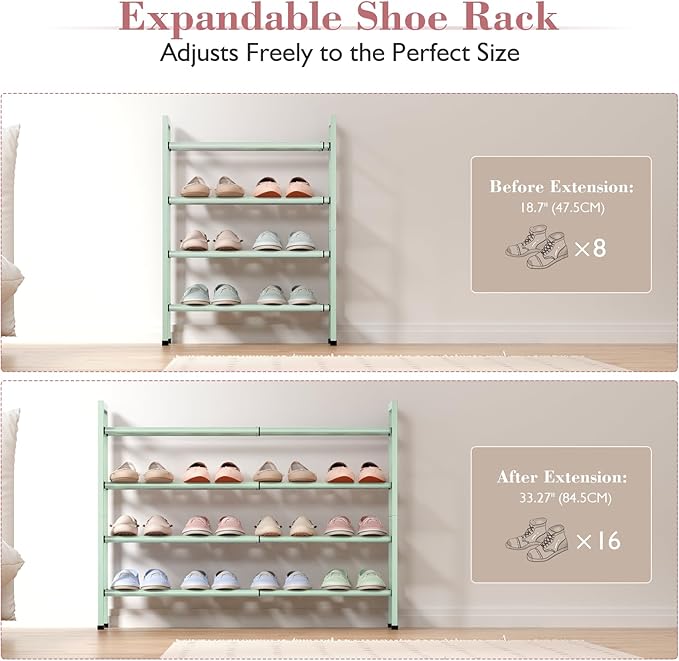 Bumusty 4-Tier Expandable Shoe Rack for Closet, 18“-33” Adjustable Shoe Rack for Small Space, Small Shoe Organizer for Front Door, Sturdy Metal, Green