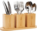 Qivine Acacia Wood Utensil Holder, Wooden Silverware Holder Countertop Utensil Organizer Silverware Organizer with Tray, Kitchen Utensil Organizers for Forks, Spoons, Knives (Bamboo)