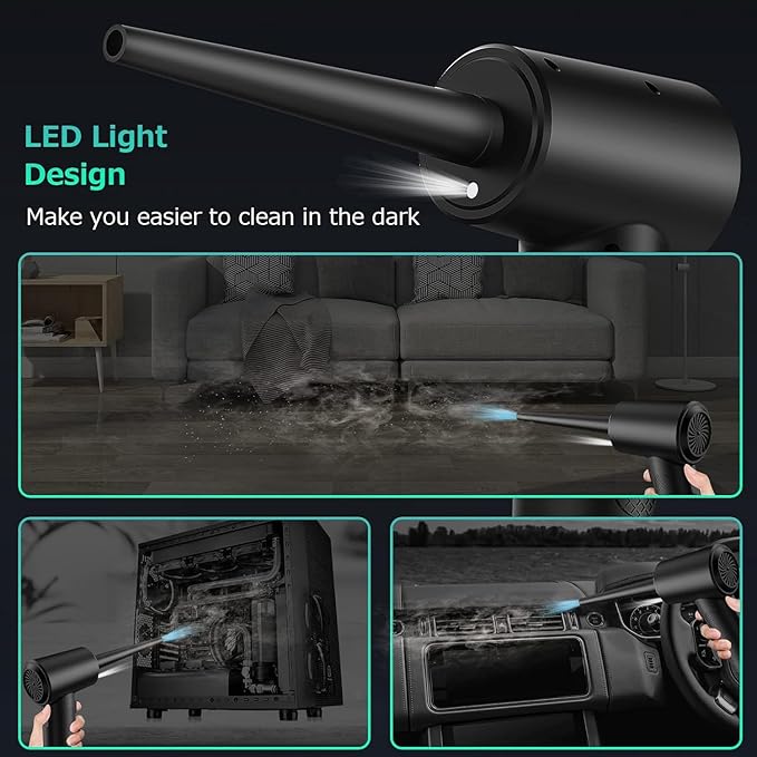 Compressed Air Duster, 3 Gear Adjustable 110000RPM Electric Air Blow Portable Keyboard Cleaner with LED Light, Rechargeable Dust Off Cordless Air Duster for Computer, Car, Electric Devices