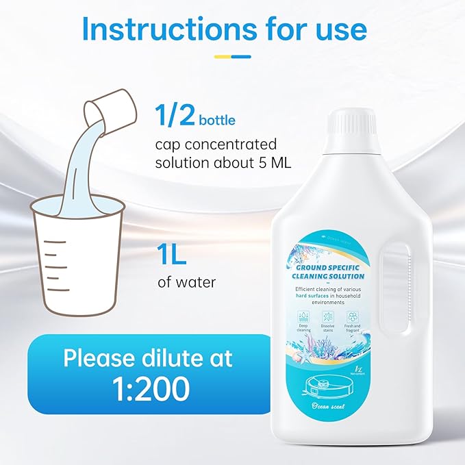 1L Fresh Ocean Floor Cleaning Solution Compatible with Roborock/Eufy/iRobot/Ecovacs/Dreame/Shark, Fragrance Deodorization, Deep Cleans for Multiple Hard Floors, Suitable With All Robot Vacuum