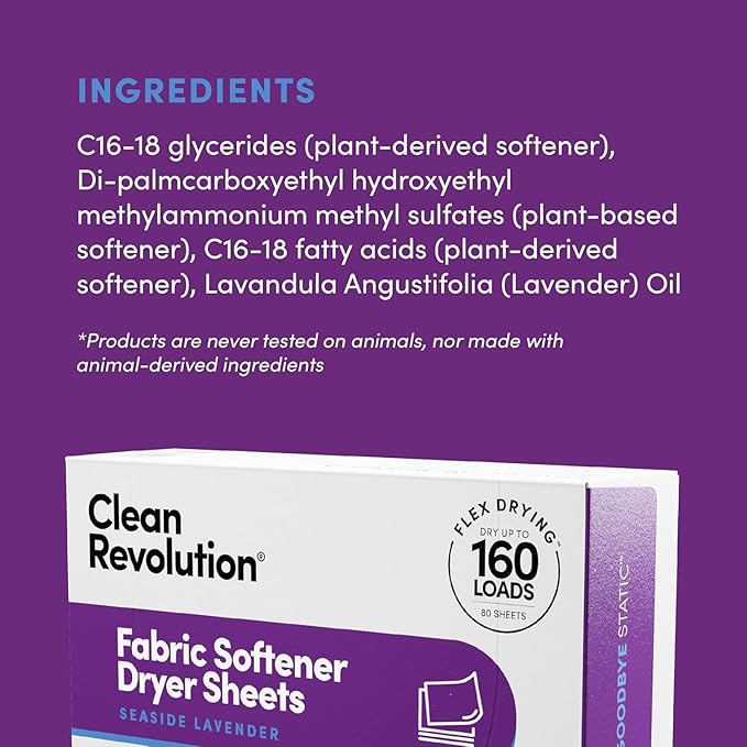 Clean Revolution Natural Fabric Softener Dryer Sheets, 80 Sheets, 160 Loads, Seaside Lavender, Naturally Derived, Sensitive Skin Safe, Made in the USA (Pack of 2)