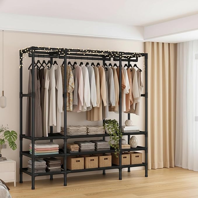 Portable Closet,Garment Rack,Heavy Duty Clothes Rack with Cover,Wardrobe Closet with 3 Hanging Rods, 6 Storage Shelves and 4 Drawers,55.1" L x 17.7" W x 67.7" H,Black