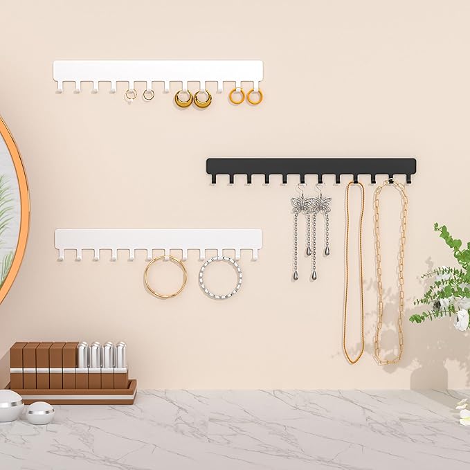 Bussdis Necklace Holder - Hanging Jewelry Organizer, Self-Adhesive, Wall Mount, 2 Pack, White