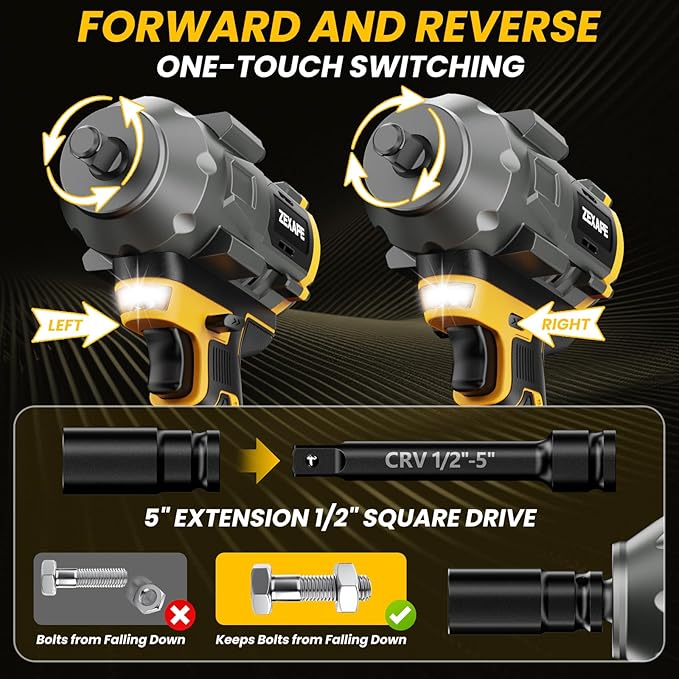 Cordless Impact Wrench 1/2 inch for Dewalt 20V Battery, Impact Wrench 1360N.m(950Ft-lbs) High Torque Brushless Electric Impact Gun, Power Impact Driver with 3-Mode Speed, LED Work Light(no battery)