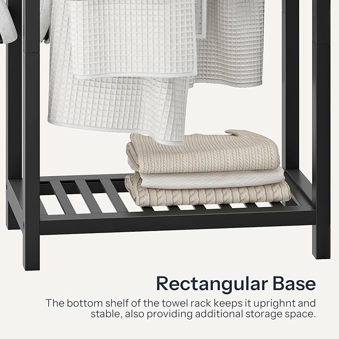 HOOBRO Freestanding Towel Rack for Bathroom, 2 Tier Decorative Bamboo Blanket Rack, Quilt Display Stand with Storage Shelf, 16.5" L x 9.4" W x 30.5" H, Bedroom, Living Room, Black BK02LB01
