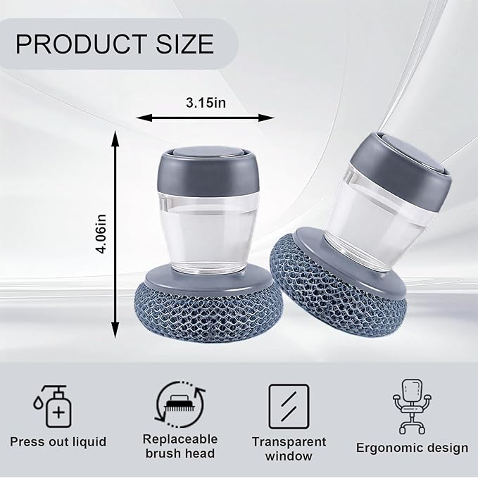 Dish Scrubber with Soap Dispenser, Steel Wool Scrubber with Replaceable Steel Wool, Transparent Cleaning Solution Reservoir, Cast Iron Cleaning Kit with Cast Iron Scraper for Cleaning Pans, Grills
