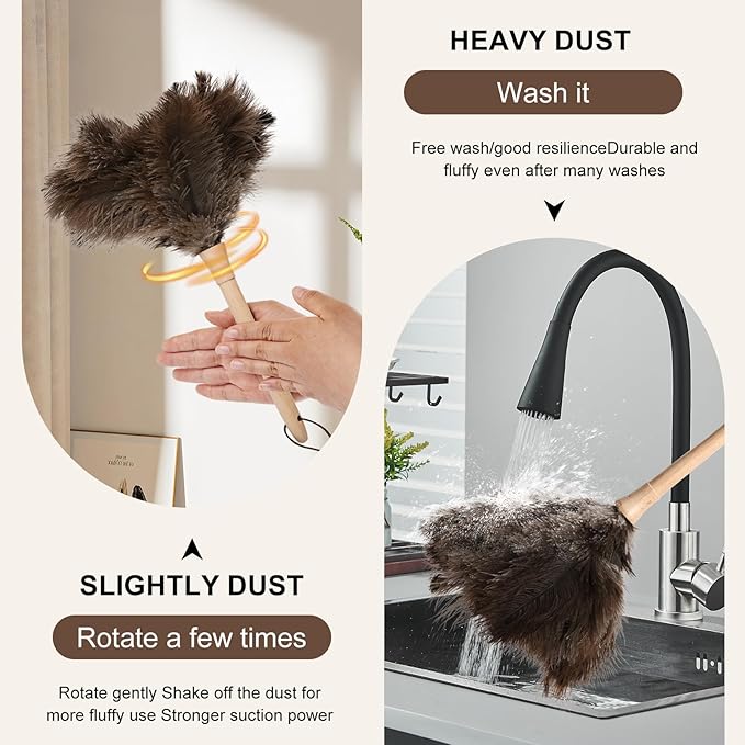 Ostrich Duster Fluffy Natural Feather Dusters with Wooden Handle Cleaning Supplies for Home Office Car (1, 16inch)