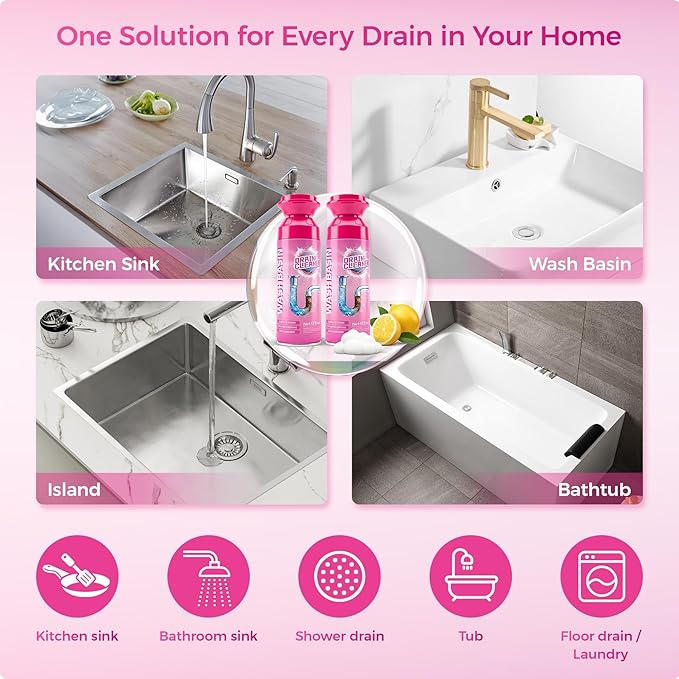 Foaming Drain Cleaner, Powerful Sink Drain Cleaner Foam That Clears Hair & Eliminates Odors, Fast Clog Removal, Safe Sink Cleaner and Deodorizer for Kitchen Sinks Bathroom Drains Tubs Showers (2Pcs)