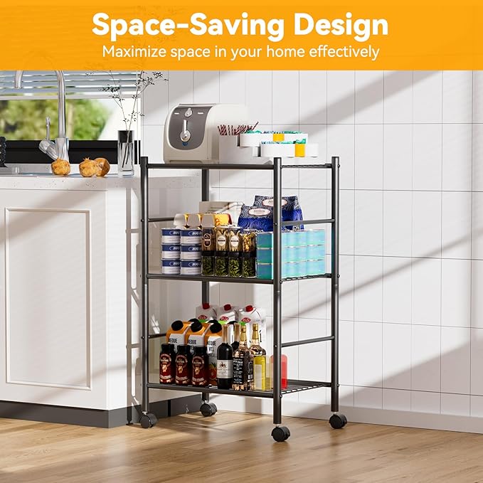 BolDuck 3 Tier Shelf Organizer Rack, Metal Shelving Unit with Wheels/Leveling Feet, Space-Saving Storage Shelves for Closet Laundry Bathroom Kitchen Pantry, 18.11" Wx12.6 Dx31.5 H