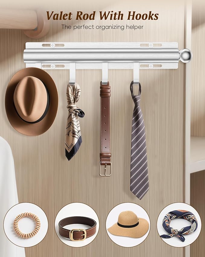 Supforce Valet Rod for Closets, 12" Valet Rod With 4 Hooks, Closet Organizer Slide Out Clothing Hanger Rods Extender Perfect for Suits,Dresses,Belt,Tie, Polished Chrome