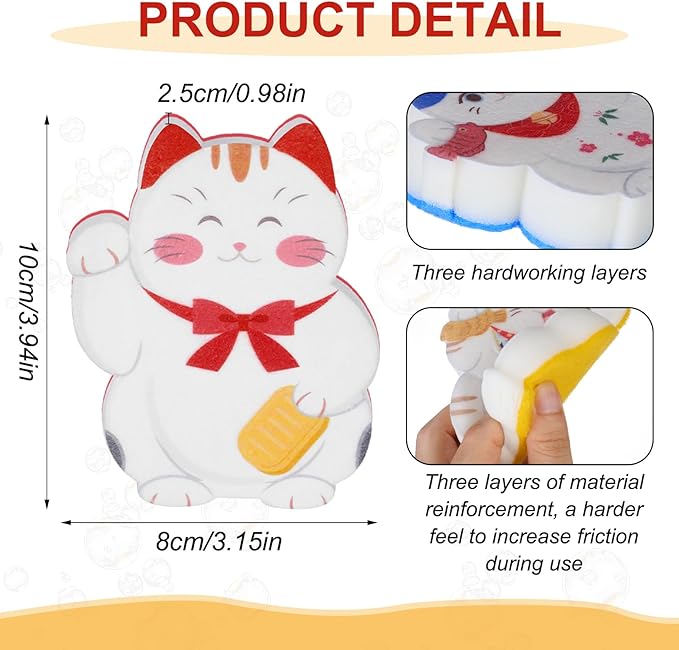 6 Pieces Cat Kitchen Sponges Lucky Cat Design Sponges Fun Non-Scratch Scrub for Washing Dishes Pots Pans and Household Cleaning Supplies for Kitchen Dishes Furniture Gifts