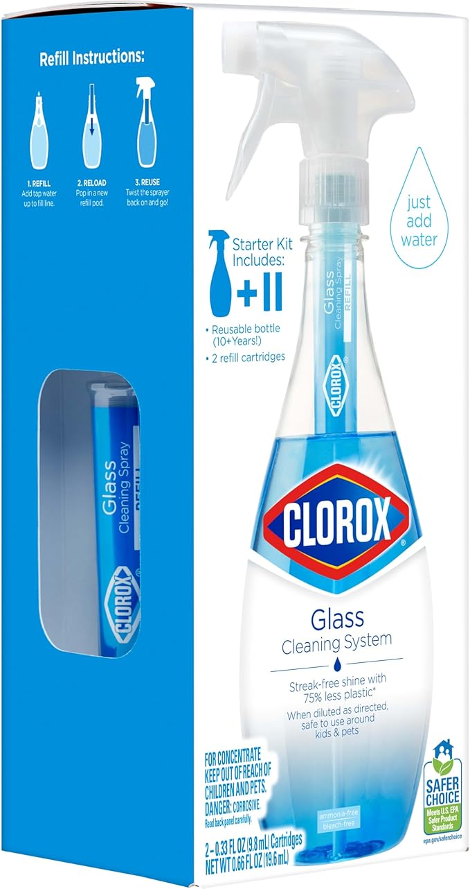 Clorox Glass Cleaner Cleaning Kit, 1 Reusable Bottle Plus 2 Refill Cartridges, Multi-Surface Cleaner, Home Cleaning Kit, 3 Piece Set
