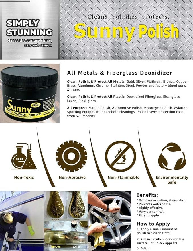 Sunny Metal Polish | Silver, Gold, Brass, Headlight Cleaner | Tarnish Remover | Made in USA (12oz)