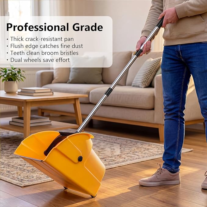 Jumbo Commercial Dustpan with Wheels & Comb Teeth - Heavy Duty Rolling Debris Pan - Long Handle Extra Large Upright Dust Pan for Industrial Warehouse Garage Restaurant Sidewalk Outdoor - Yellow