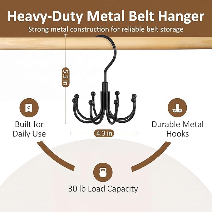 ZEDODIER Belt Organizer for Closet, Heavy-Duty Rotating Belt Hanger Rack Holds up to 24 Belts, Hanging Space Saving Metal Belt Holder for Closet Storage, Black
