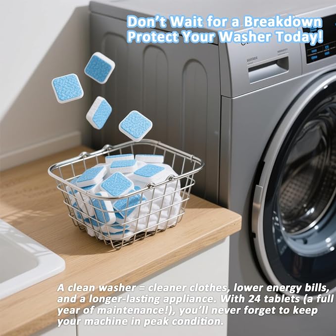 Washing Machine Cleaner Effervescent Tablets - 24 Pieces, Deep Cleaning Formula, Removes Grime & Odors, Deodorizes & Refreshes HE Top/Front Load Washers