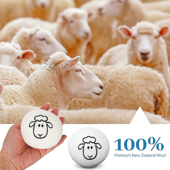 Wool Dryer Balls 6-Pack,Premium New Zealand Dryer Balls Laundry Reusable,100% Wool, Hand-Felted,Natural Fabric Softener, Reduces Clothing Wrinkles & Static Reduction,and Saves Drying Time