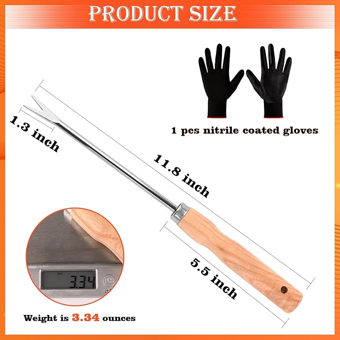 Wooden Handle Dandelion Weeder Tool - Polished Stainless Steel Dual - Forked Head Dandelion Weeder Puller Tool for Planting, Weeding, Flower & Vegetable Care with Nylon Nitrile Coated Gloves