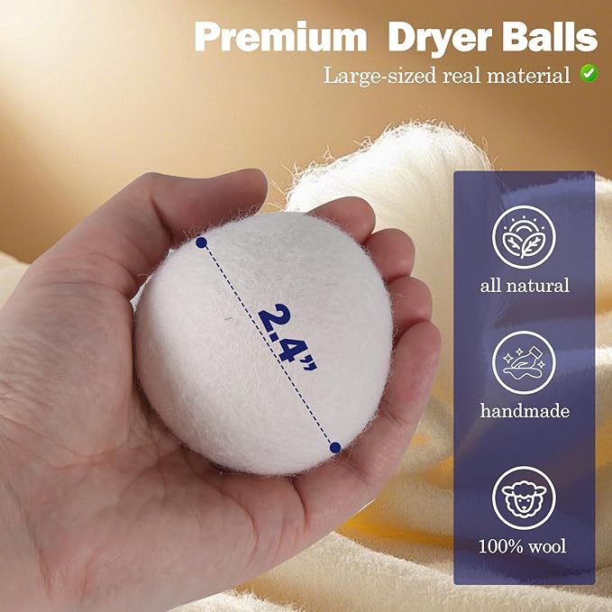 Wool Dryer Balls (2.4")6-Pack, Dryer Balls Laundry Reusable, Natural Fabric Softener, Reduces Clothing Wrinkles, Cuts Drying Time, A More Effective Alternative to Plastic Balls and Liquid Softeners