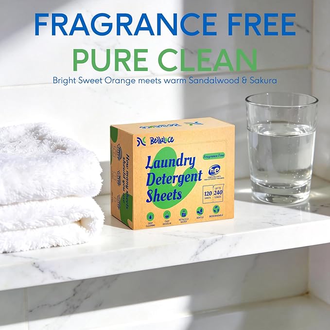 BellaLuce Fragrance Free Laundry Detergent Sheets – 240 Loads Hypoallergenic & Eco-Friendly Laundry Sheets Detergent, Plastic-Free Washer Sheets for Home, Dorm & Apartment